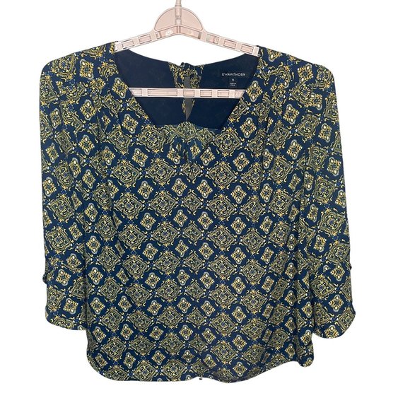 Tops - 41 Hawthorn Womens Blouse Bell Sleeve Career Yellow Navy Blue Mosaic Bell Sleeve